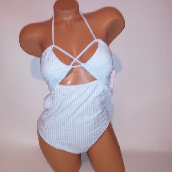 Victoria Secret‎ One Piece Swim Light Blue White Checkered Gingham Strappy New - Picture 7 of 11